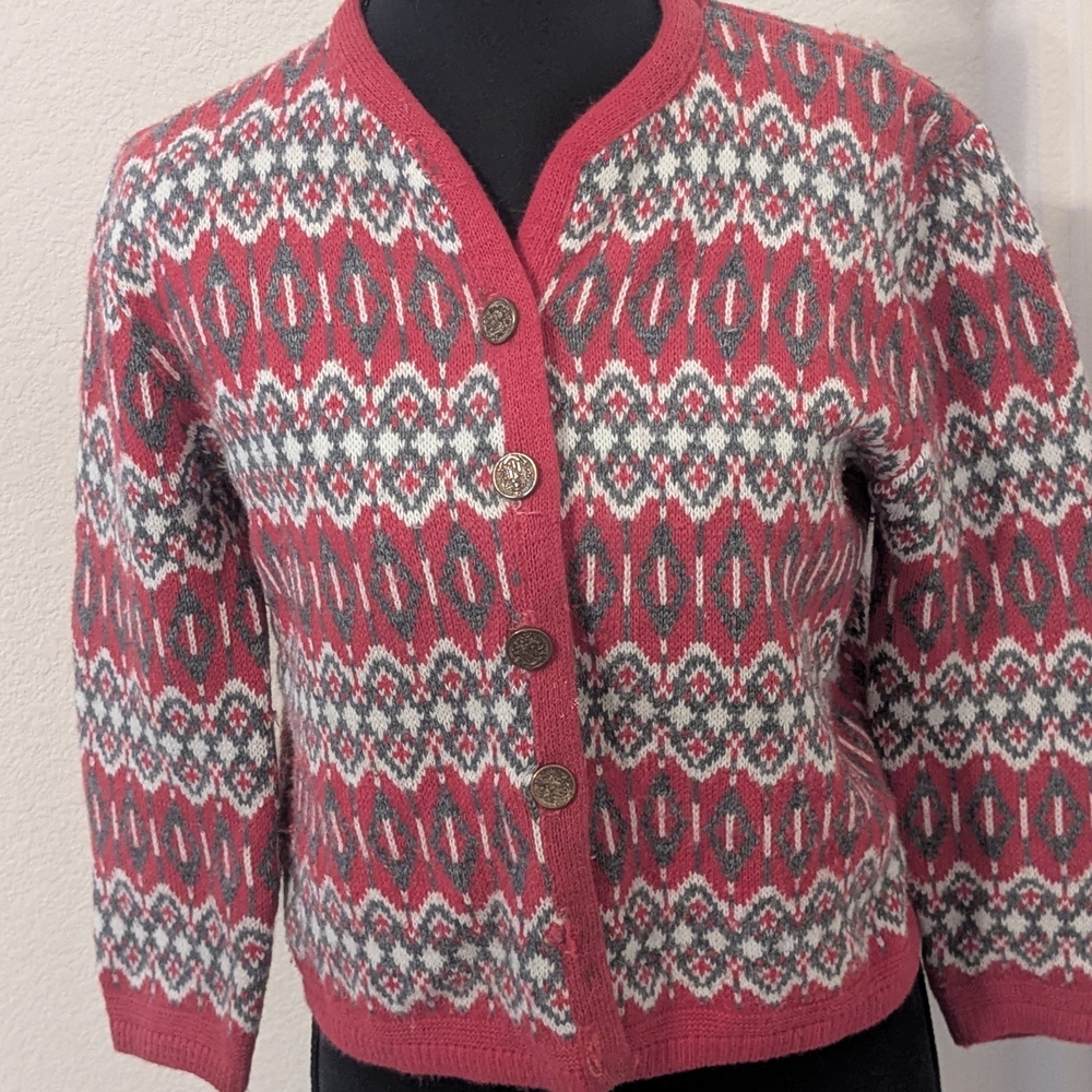 Vintage Lambswool Fair Isle Alpine Trachten Cardigan Heraldic Metal Buttons
